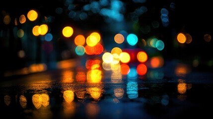 Fototapeta premium Colorful Bokeh Background with Reflections on a Rainy Street Night