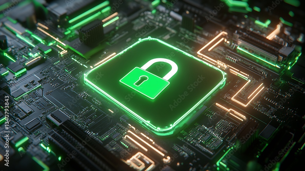 Aufkleber futuristic circuit board with green lock symbol representing cybersecurity and data protection conce