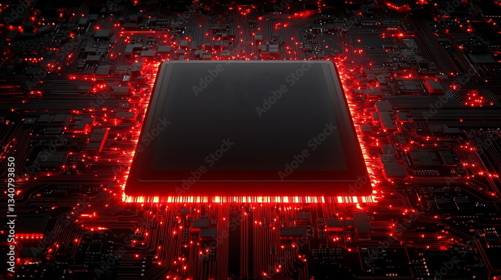 Poster futuristic circuit board with red lights and central processor in a high-tech scene