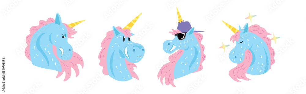 Aufkleber funny unicorn character with horn and different emotion vector set