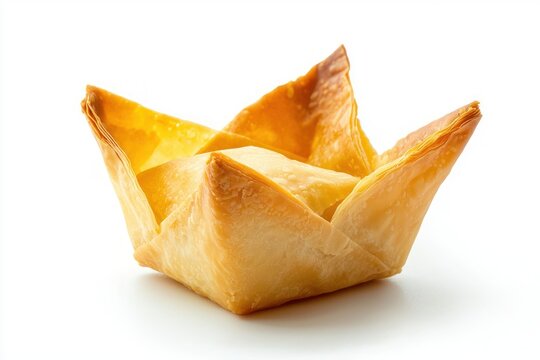 Delicious golden baked phyllo pastry appetizer in a unique crown shape on white background food shot studio lighting