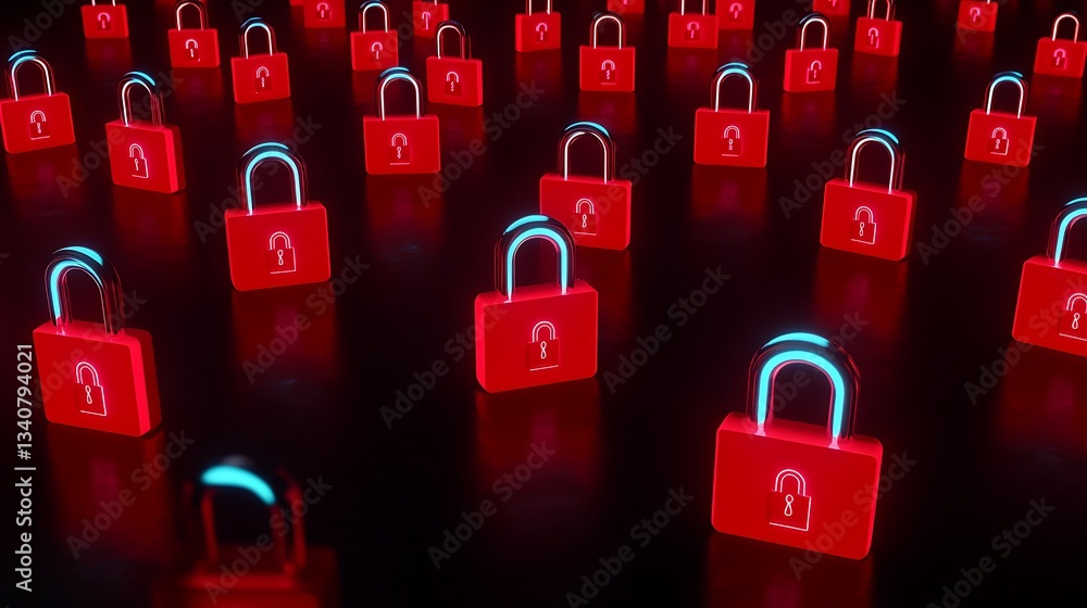 Poster futuristic concept of digital security with neon locks on dark background illustrating protecting da