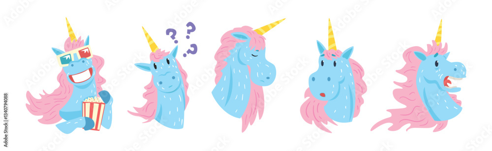 Poster funny unicorn character with horn and different emotion vector set