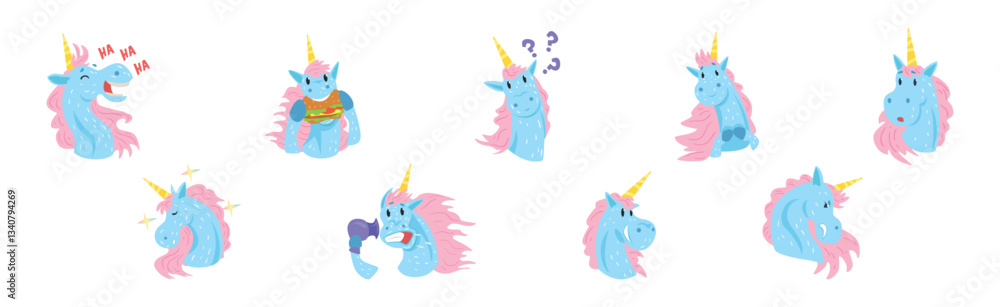 Poster funny unicorn character with horn and different emotion vector set