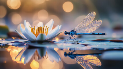 Damselfly perched on water lily with morning mist and light effect