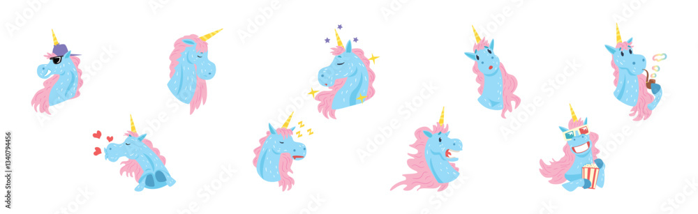Poster funny unicorn character with horn and different emotion vector set