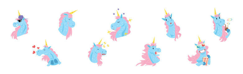 Funny Unicorn Character with Horn and Different Emotion Vector Set