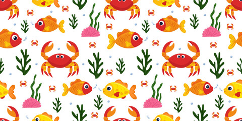 Cute cartoon crabs, goldfish, seaweed, coral, and bubbles pattern on white isolated background. Children's - friendly illustration in exotic marine life concept. For prints, postcards, gift paper.