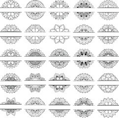 Non Generative AI Images. Set of 25 Split Mandala Vector, decorative, symmetrical, perfect for monograms, logos, engravings, stickers, printing, and digital art.