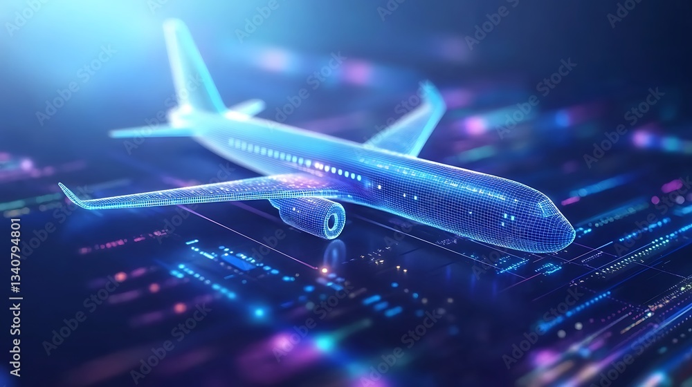 Poster futuristic digital airplane model with glowing lines and abstract data visualization in a high-tech 