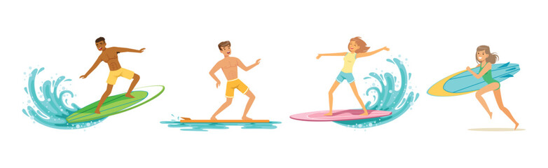 Man and Woman Surfer Ride Ocean Wave on Surfboard Vector Set