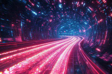 Obraz premium A futuristic pink and blue digital tunnel with glowing light trails, representing high-speed data transfer.