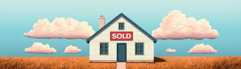 A charming house with a sold sign amidst a tranquil landscape and blue sky.