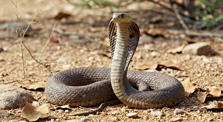 Fototapeta premium A False Cobra, Its Distinctive Hood Partially Raised in a Defensive Display_