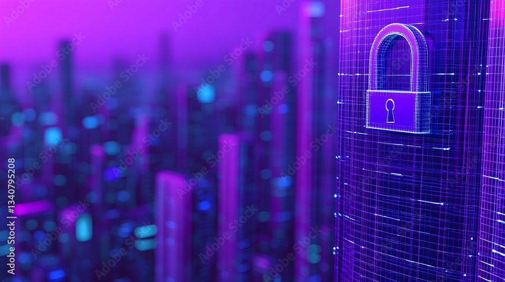 Poster futuristic digital cityscape featuring secure padlock symbolizing cybersecurity and data protection 