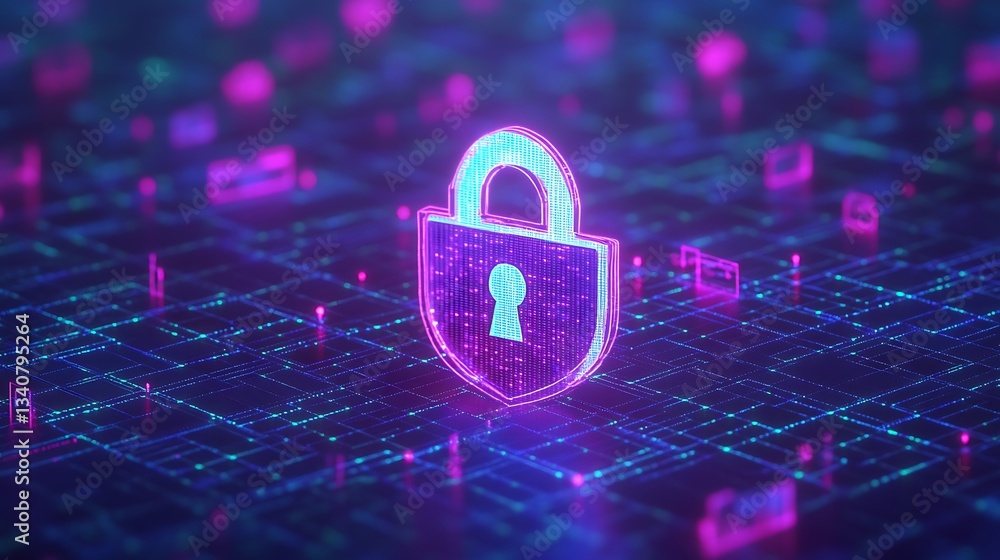 Poster futuristic digital lock icon on abstract background with neon lights and data security theme