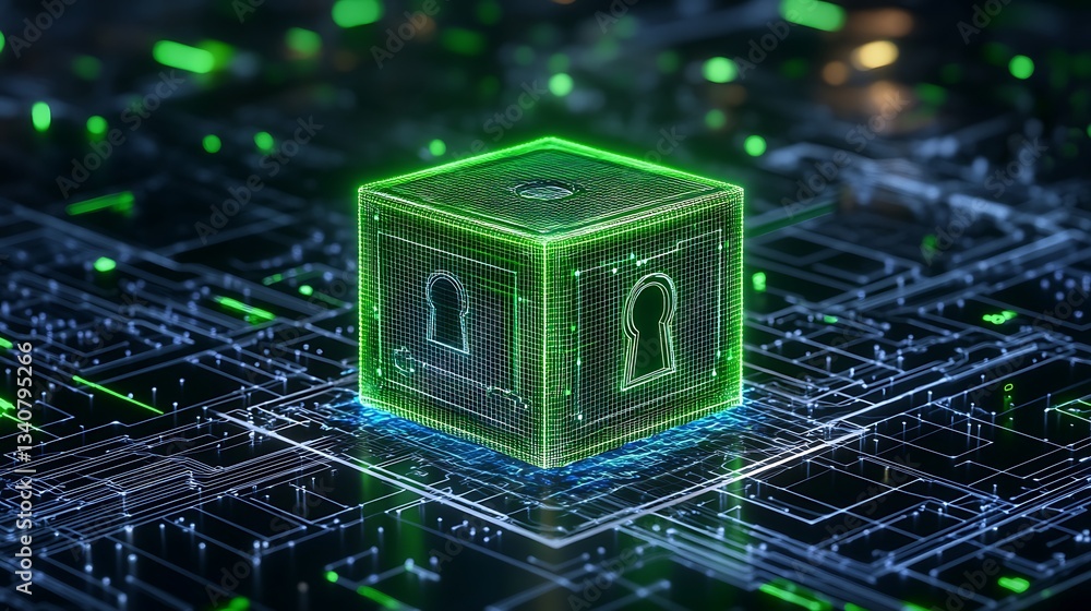 Poster futuristic digital lock encased in glowing green cube on intricate technological background represen