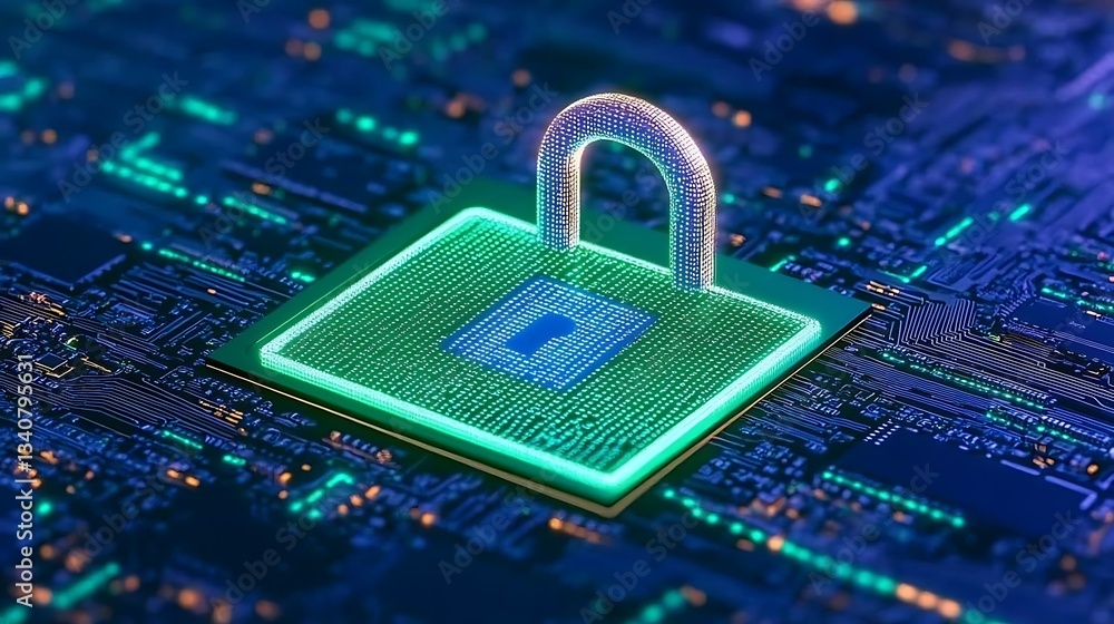 Poster futuristic digital lock on circuit board representing cybersecurity and data protection technology