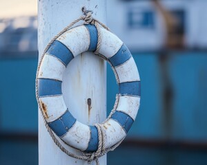 A weathered white-and-blue lifebuoy hanging on a post, with a blurred fishing boat in the harbor background.