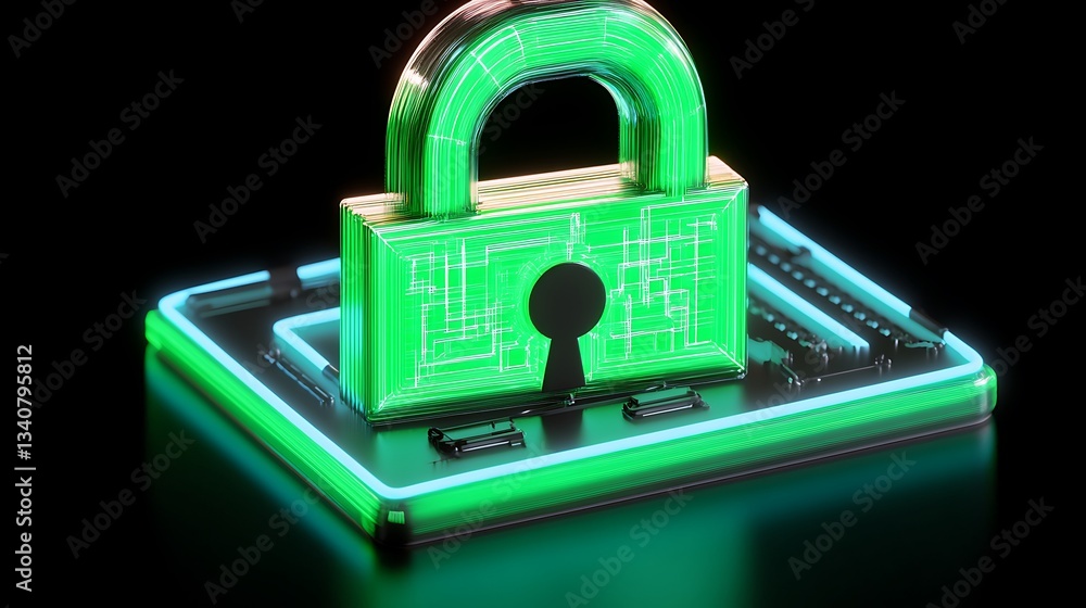 Poster futuristic digital lock with circuit design illuminated in neon colors for security and protection c