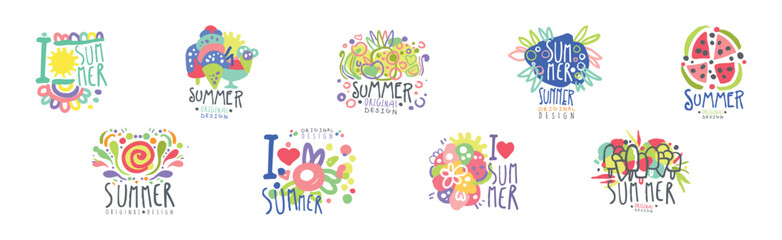 Summer Bright Original Design Label with Hand Drawn Element Vector Set