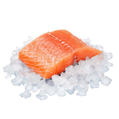 Fresh salmon fillet resting on a bed of ice cubes, showcasing its vibrant orange color and distinct texture, Transparent Background.