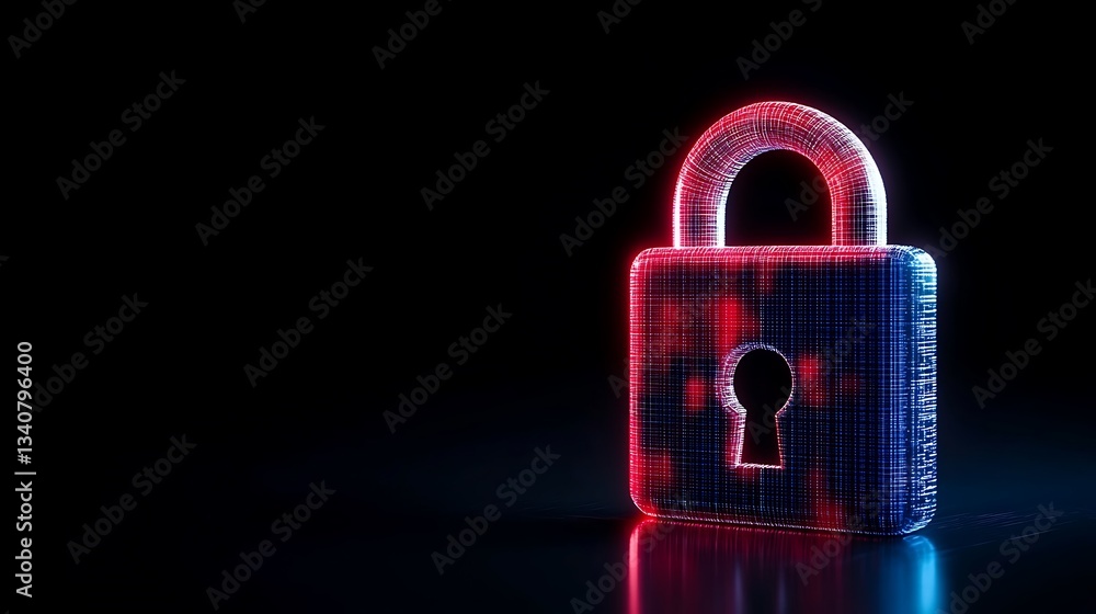 Poster futuristic digital padlock symbolizing cybersecurity and data protection in a dark environment