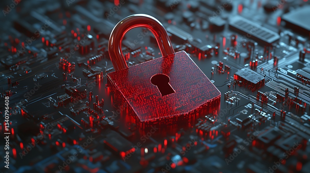 Poster futuristic digital padlock on a glowing circuit board background symbolizing cybersecurity and prote