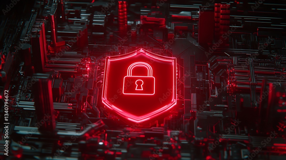 Aufkleber futuristic digital security design with red shield and lock icon in cyber technology background