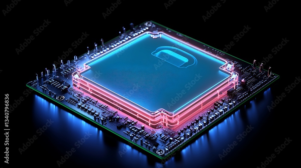 Poster futuristic glowing microprocessor design with neon lights and dark background for technology concept
