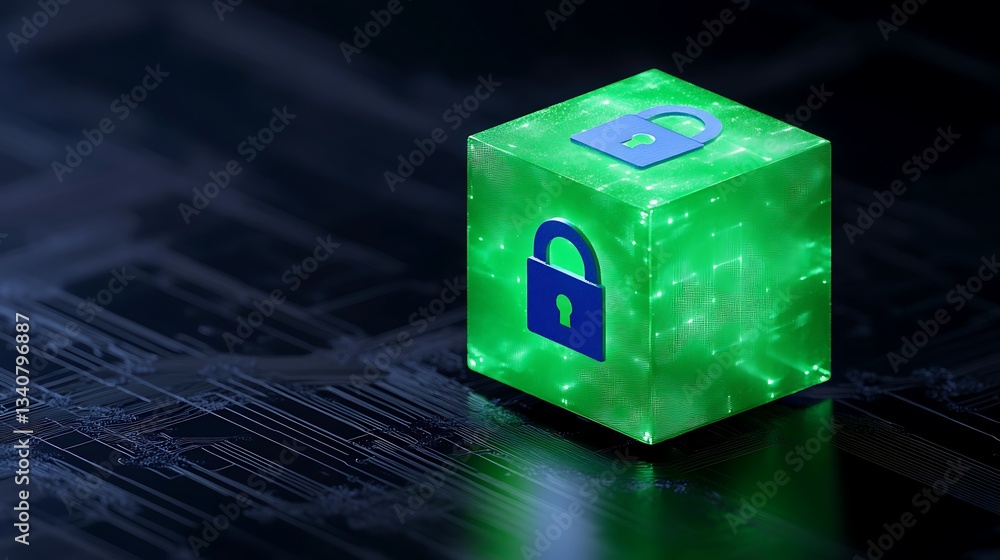 Poster futuristic green data security cube with lock icons on high-tech background for cybersecurity concep