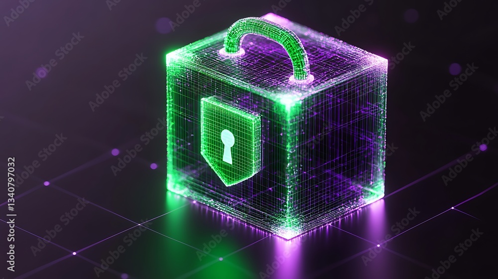 Poster futuristic holographic secure box with glowing lock symbol on dark digital background representing d