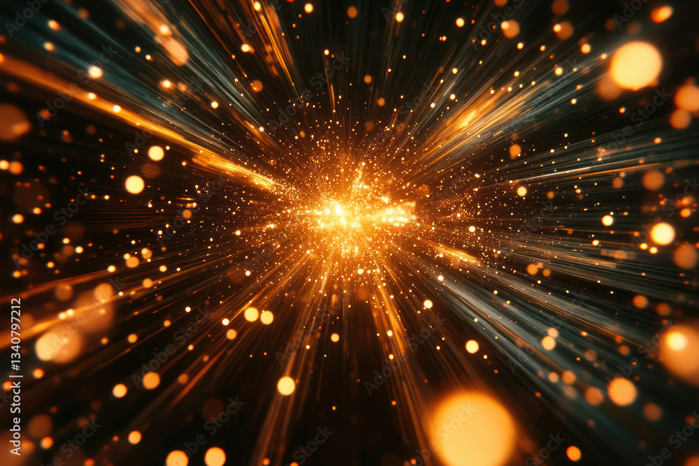 Poster a dazzling burst of golden light and particles, radiating outwards in a mesmerizing cosmic explosion