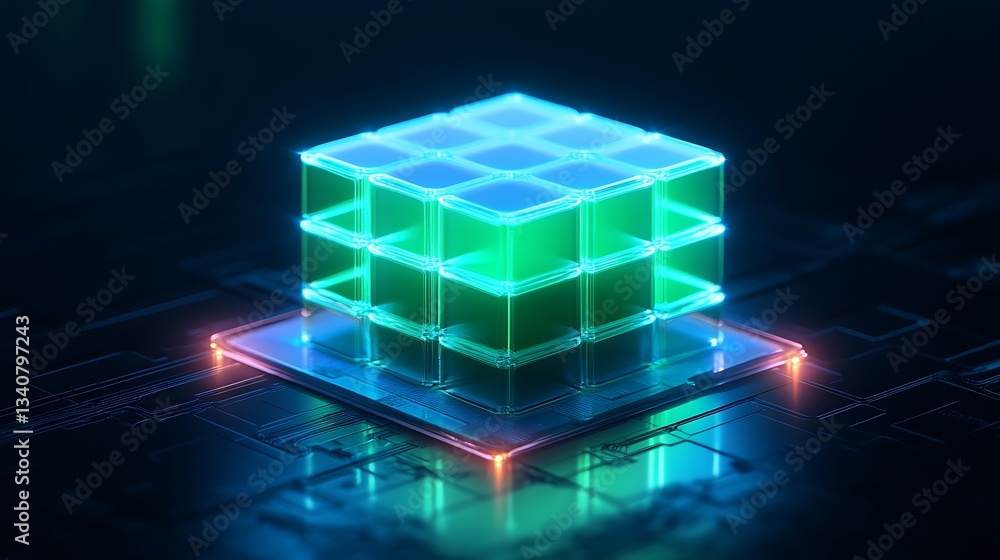 Aufkleber futuristic neon cube with digital background and glowing effects in a tech inspired environment