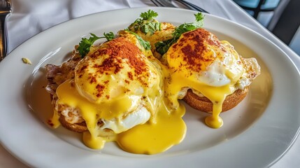 Realistic background of breakfast with eggs Benedict