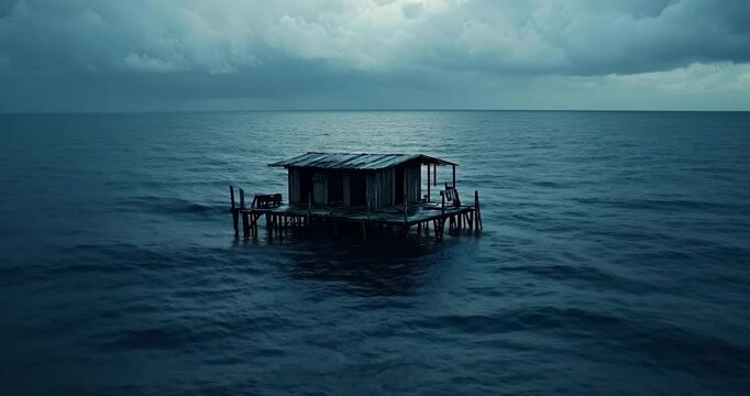 A weathered wooden shack on stilts sits isolated in a vast expanse of dark blue ocean under a stormy sky. The scene evokes a sense of solitude