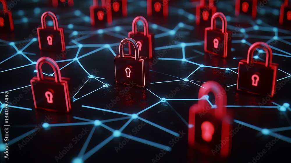 Aufkleber futuristic network with red locks on dark background depicting cybersecurity in digital space