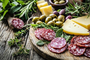 Appetizing charcuterie board cheese assortment salami olives savory herbs wooden surface food presentation gourmet