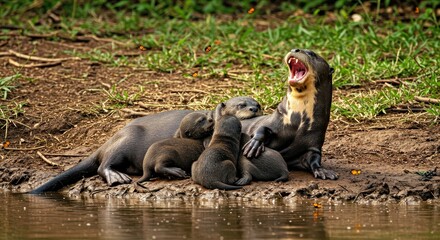 A Giant Otter Family Resting on a Muddy Riverbank, Their Sleek Bodies Sprawled Out as They Bask in the Warm Afternoon Sun-