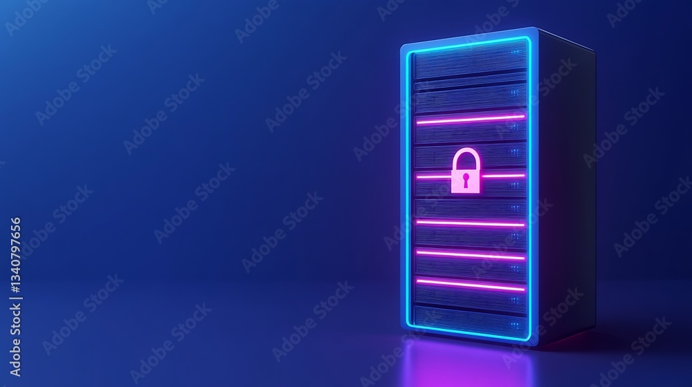 Poster futuristic secure server with neon lights and lock symbol for cybersecurity and data protection conc