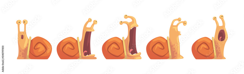 Poster funny snail with spiral shell show different emotion vector set