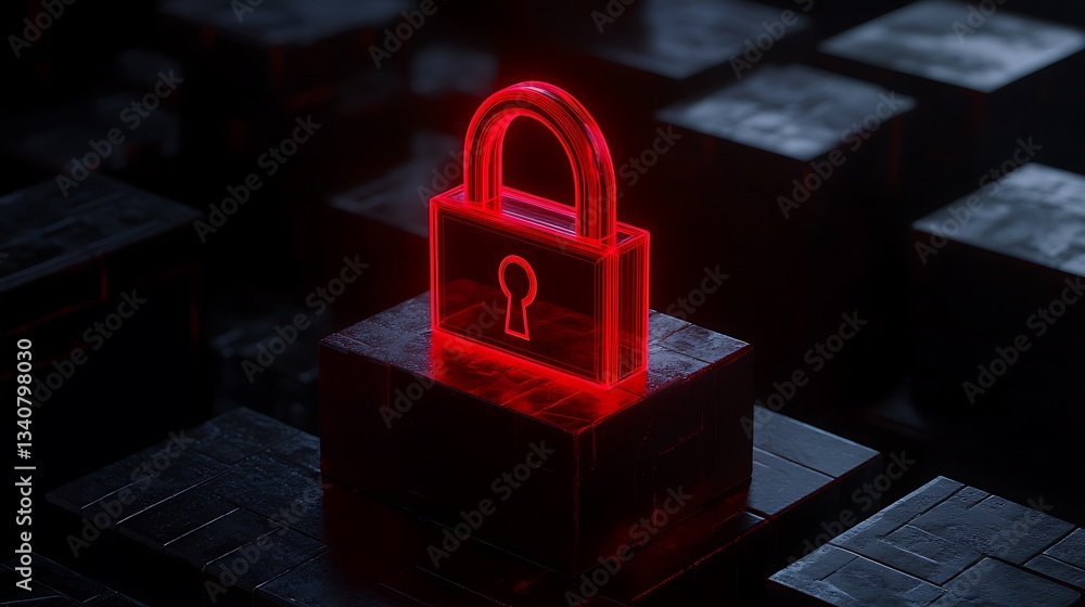 Aufkleber glowing red digital lock symbol on dark blocks representing cybersecurity and data protection
