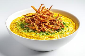 Delicious vegan yellow dal with fried onion garnish in white bowl close up showcasing healthy vegetarian