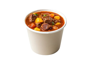 A hearty bowl of stew filled with tender meat and colorful vegetables, served in a simple paper cup, Transparent Background.