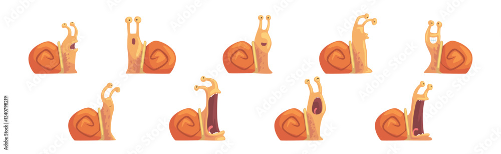 Poster funny snail with spiral shell show different emotion vector set