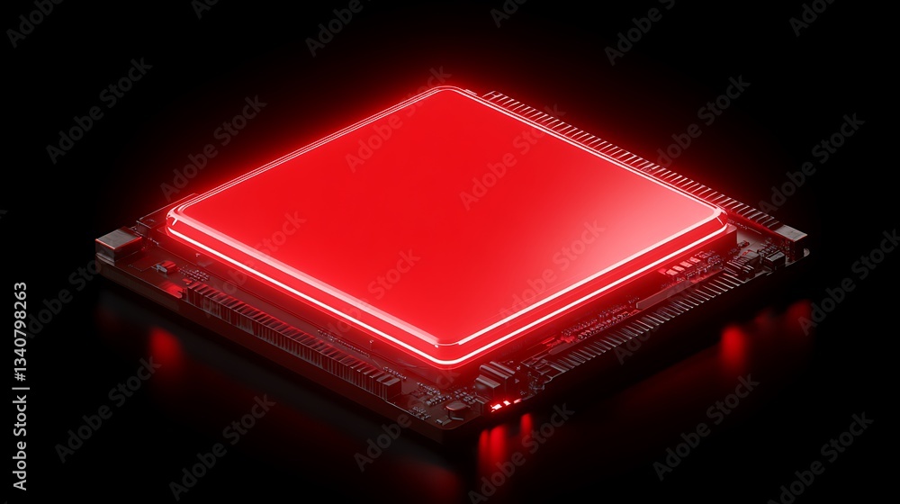Poster glowing red microchip display on dark background, modern technology concept and innovative design el