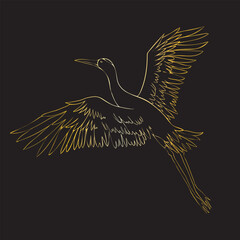 An illustration of a crane in flight on a plain black background. The crane is depicted with elegant, elongated wings and a slender body, golden in color.