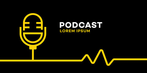 Podcast Graphic Design Yellow Microphone, Audio Waves, Black Background
