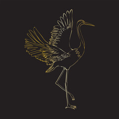 An illustration of a crane in flight on a plain black background. The crane is depicted with elegant, elongated wings and a slender body, golden in color.