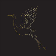 An illustration of a crane in flight on a plain black background. The crane is depicted with elegant, elongated wings and a slender body, golden in color.
